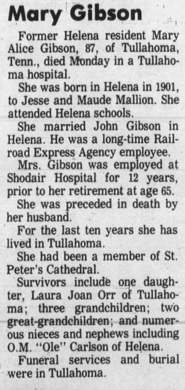 Obituary for Mary Alice Gibson (Aged 87)